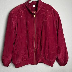 FUDA International Silk Zip Up Padded Jacket Large Pink Bomber Gold Beads Mature